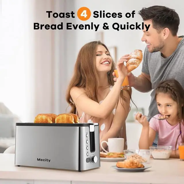 Alt view image 5 of 7 - Mecity 4 Slice Toaster, Long Slot Toaster With Countdown Timer, Bagel/Defrost/Reheat/Cancel Functions,Warming Rack, Removable Tray, 6 Browning Settings, Extra Wide Slots, Stainless Steel, 1300W