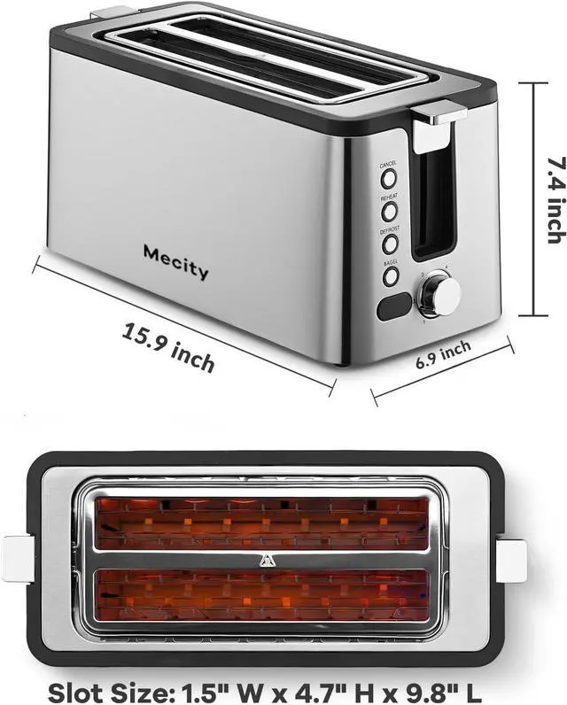 Alt view image 7 of 7 - Mecity 4 Slice Toaster, Long Slot Toaster With Countdown Timer, Bagel/Defrost/Reheat/Cancel Functions,Warming Rack, Removable Tray, 6 Browning Settings, Extra Wide Slots, Stainless Steel, 1300W
