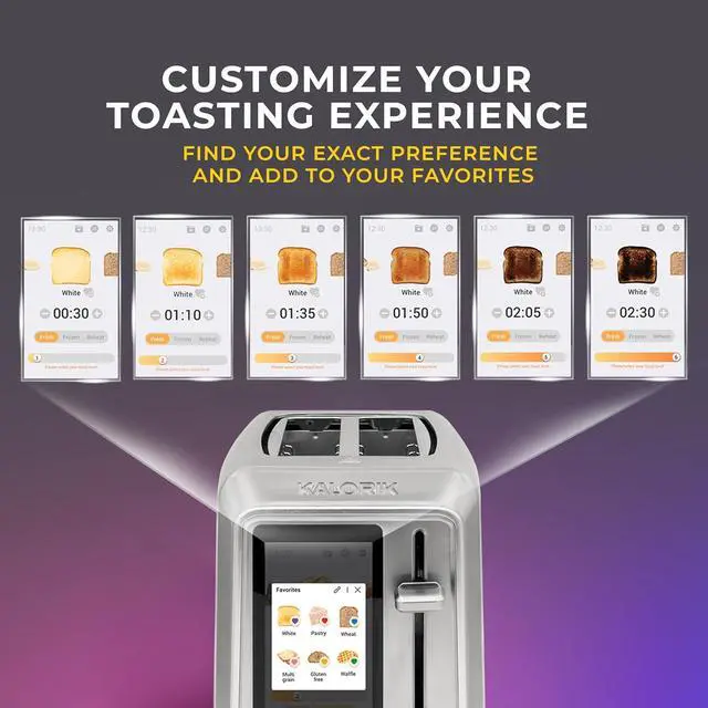 Alt view image 3 of 7 - Kalorik Toaster VIVID TOUCH Series 2-Slice with Large High-Resolution Touchscreen and Customizable Cooking Presets by Bread Type, Features Wide Slots and High Lift Lever, 1000-Watts, Stainless Steel