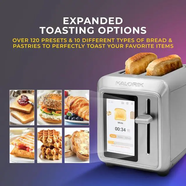 Alt view image 6 of 7 - Kalorik Toaster VIVID TOUCH Series 2-Slice with Large High-Resolution Touchscreen and Customizable Cooking Presets by Bread Type, Features Wide Slots and High Lift Lever, 1000-Watts, Stainless Steel