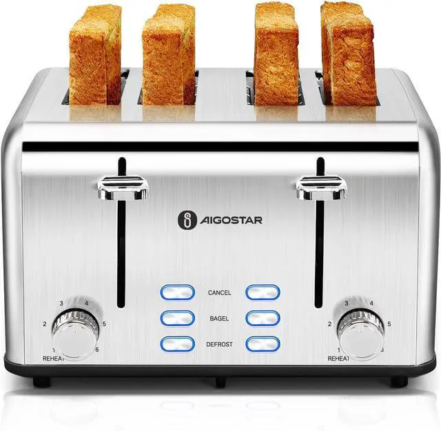 Main image of Aigostar Toaster 4 Slice 1.6" Wide Slot Stainless Steel Toasters with Bagel, Reheat, Cancel, Defrost Function, 6 Shade Settings, Removable Crumb Tray, 1550W, Best Rated Prime 4 Slice Toasters