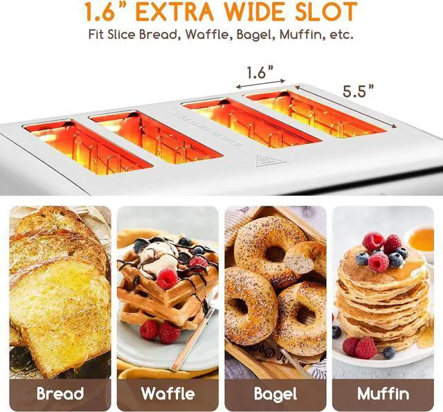 Alt view image 2 of 7 - Aigostar Toaster 4 Slice 1.6" Wide Slot Stainless Steel Toasters with Bagel, Reheat, Cancel, Defrost Function, 6 Shade Settings, Removable Crumb Tray, 1550W, Best Rated Prime 4 Slice Toasters