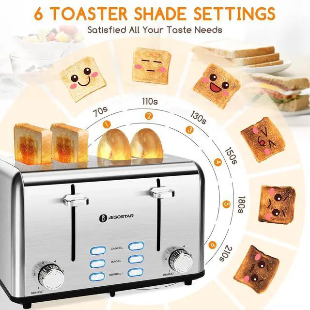 Alt view image 3 of 7 - Aigostar Toaster 4 Slice 1.6" Wide Slot Stainless Steel Toasters with Bagel, Reheat, Cancel, Defrost Function, 6 Shade Settings, Removable Crumb Tray, 1550W, Best Rated Prime 4 Slice Toasters