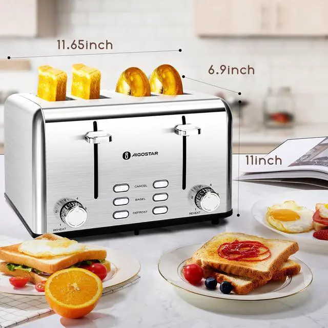 Alt view image 4 of 7 - Aigostar Toaster 4 Slice 1.6" Wide Slot Stainless Steel Toasters with Bagel, Reheat, Cancel, Defrost Function, 6 Shade Settings, Removable Crumb Tray, 1550W, Best Rated Prime 4 Slice Toasters