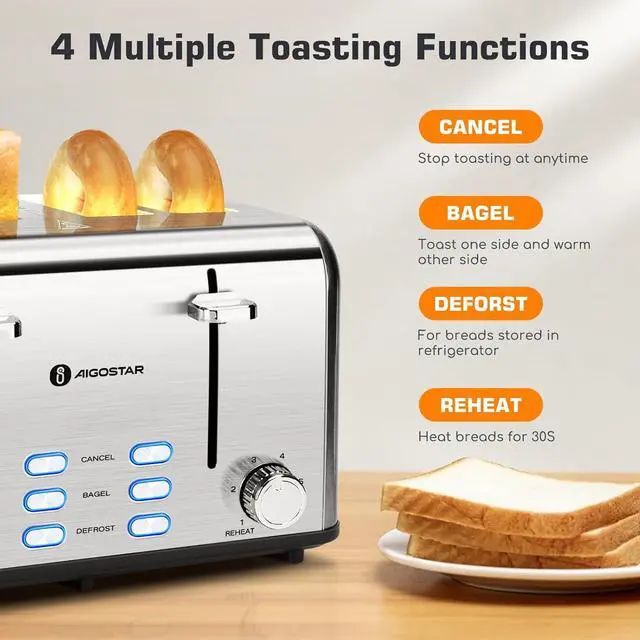 Alt view image 5 of 7 - Aigostar Toaster 4 Slice 1.6" Wide Slot Stainless Steel Toasters with Bagel, Reheat, Cancel, Defrost Function, 6 Shade Settings, Removable Crumb Tray, 1550W, Best Rated Prime 4 Slice Toasters