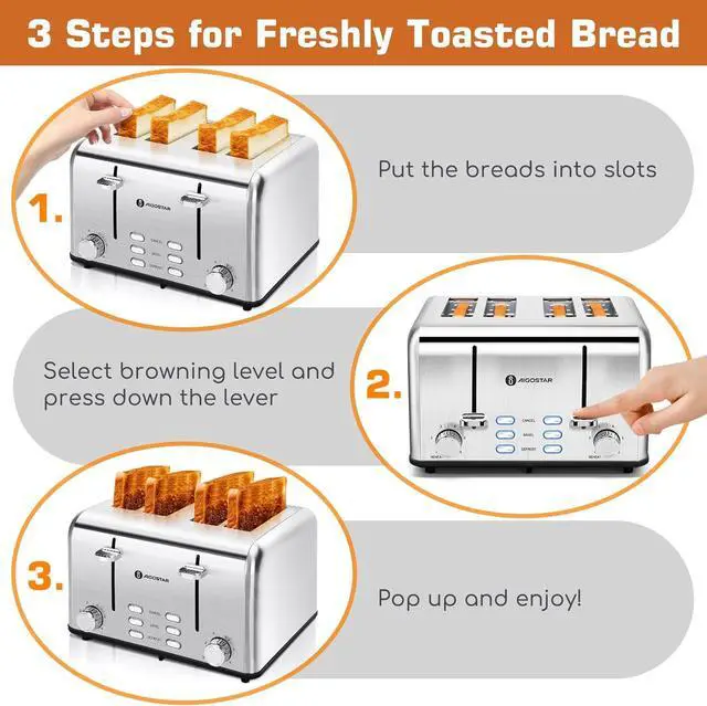 Alt view image 6 of 7 - Aigostar Toaster 4 Slice 1.6" Wide Slot Stainless Steel Toasters with Bagel, Reheat, Cancel, Defrost Function, 6 Shade Settings, Removable Crumb Tray, 1550W, Best Rated Prime 4 Slice Toasters