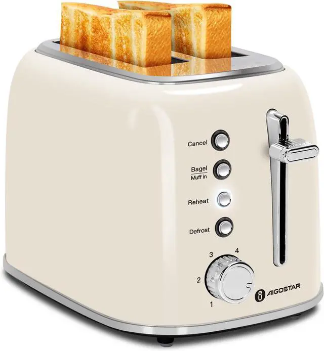 Main image of Aigostar Toaster 2 Slice, Retro Extra-Wide Slot Toasters Best Rated Prime for Toasting Bagels, Breads, Waffles & More, Cancel, Defrost & 6 Browning, Removable Crumb Tray, Stainless Steel, Cream White