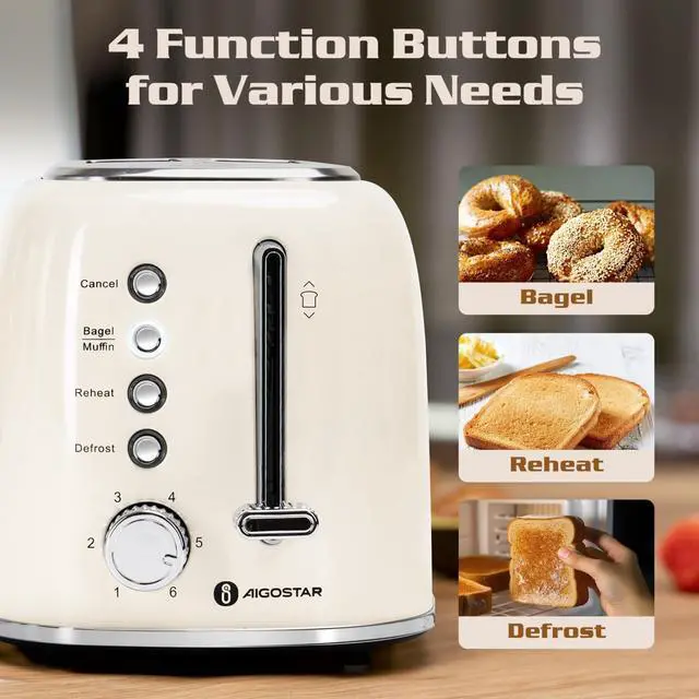 Alt view image 2 of 7 - Aigostar Toaster 2 Slice, Retro Extra-Wide Slot Toasters Best Rated Prime for Toasting Bagels, Breads, Waffles & More, Cancel, Defrost & 6 Browning, Removable Crumb Tray, Stainless Steel, Cream White