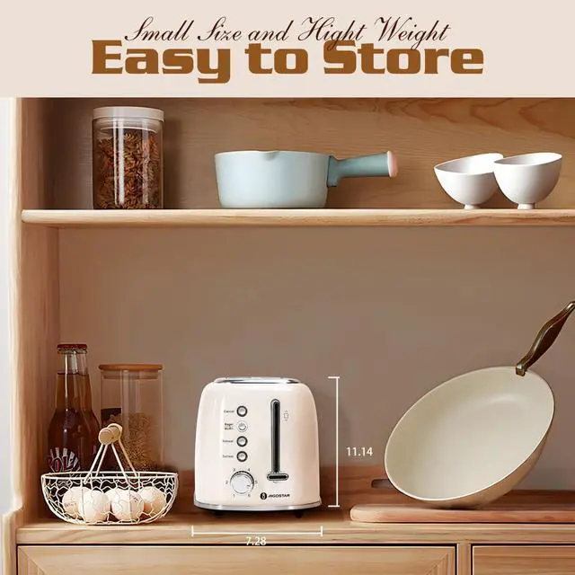 Alt view image 4 of 7 - Aigostar Toaster 2 Slice, Retro Extra-Wide Slot Toasters Best Rated Prime for Toasting Bagels, Breads, Waffles & More, Cancel, Defrost & 6 Browning, Removable Crumb Tray, Stainless Steel, Cream White