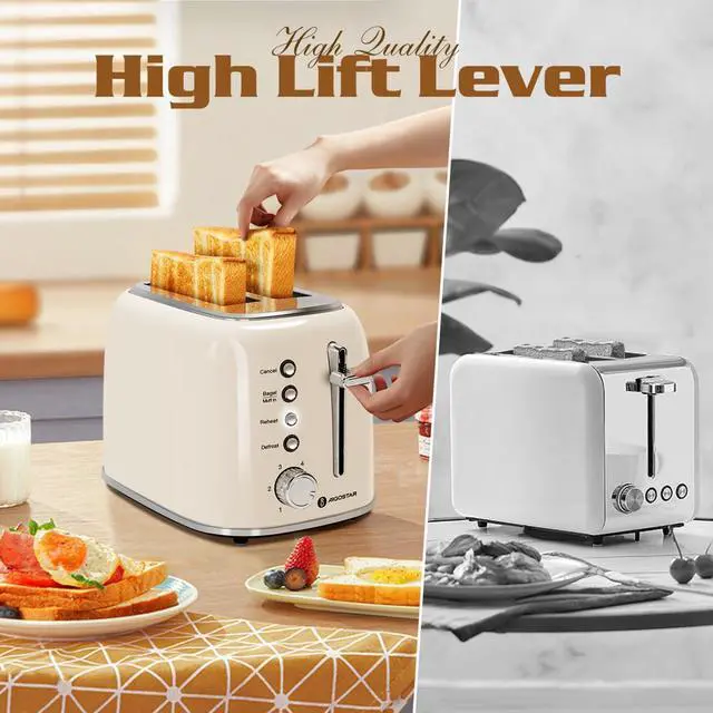 Alt view image 5 of 7 - Aigostar Toaster 2 Slice, Retro Extra-Wide Slot Toasters Best Rated Prime for Toasting Bagels, Breads, Waffles & More, Cancel, Defrost & 6 Browning, Removable Crumb Tray, Stainless Steel, Cream White