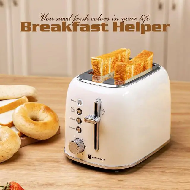 Alt view image 7 of 7 - Aigostar Toaster 2 Slice, Retro Extra-Wide Slot Toasters Best Rated Prime for Toasting Bagels, Breads, Waffles & More, Cancel, Defrost & 6 Browning, Removable Crumb Tray, Stainless Steel, Cream White