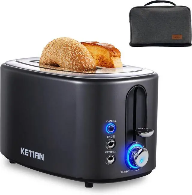 Main image of 2 Slice Toaster with Cover,KETIAN Retro Stainless Steel Toasters,1.5'' Extra Wide Slot,Cancel Bagel Defrost Reheat Functions, 6 Toast Browning Settings, Removable Crumb Tray,Black