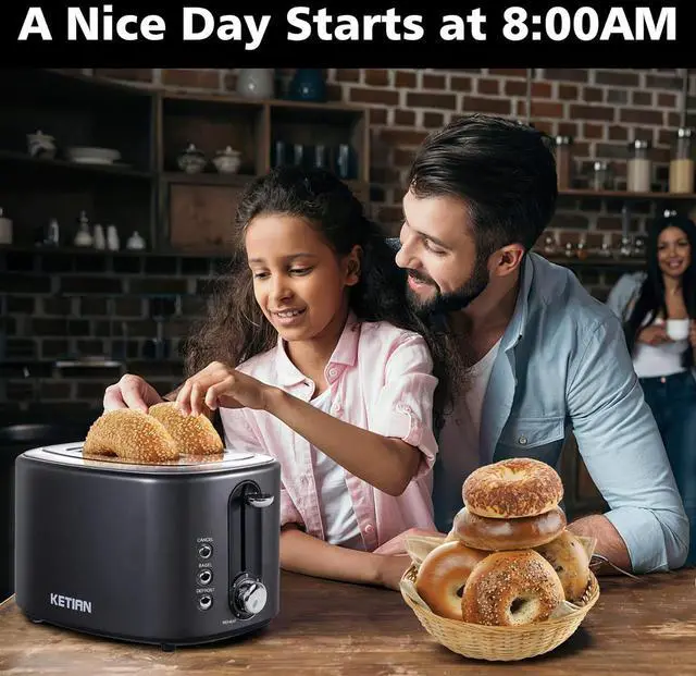 Alt view image 2 of 7 - 2 Slice Toaster with Cover,KETIAN Retro Stainless Steel Toasters,1.5'' Extra Wide Slot,Cancel Bagel Defrost Reheat Functions, 6 Toast Browning Settings, Removable Crumb Tray,Black