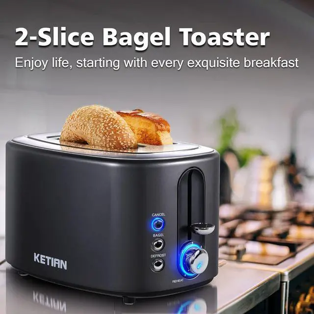 Alt view image 4 of 7 - 2 Slice Toaster with Cover,KETIAN Retro Stainless Steel Toasters,1.5'' Extra Wide Slot,Cancel Bagel Defrost Reheat Functions, 6 Toast Browning Settings, Removable Crumb Tray,Black