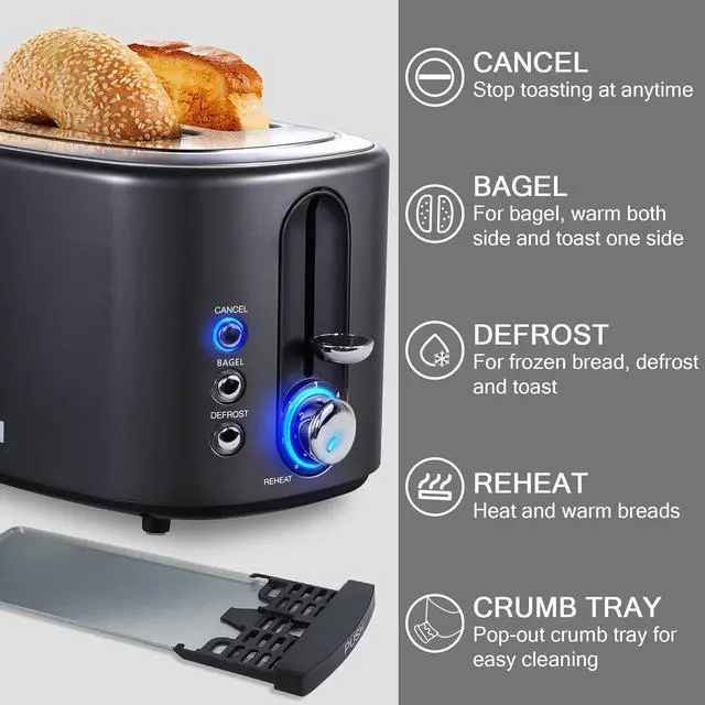 Alt view image 3 of 7 - 2 Slice Toaster with Cover,KETIAN Retro Stainless Steel Toasters,1.5'' Extra Wide Slot,Cancel Bagel Defrost Reheat Functions, 6 Toast Browning Settings, Removable Crumb Tray,Black