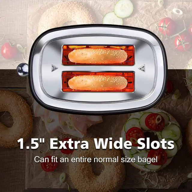 Alt view image 5 of 7 - 2 Slice Toaster with Cover,KETIAN Retro Stainless Steel Toasters,1.5'' Extra Wide Slot,Cancel Bagel Defrost Reheat Functions, 6 Toast Browning Settings, Removable Crumb Tray,Black