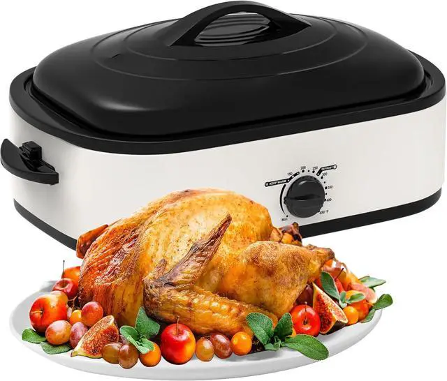 Main image of 14 Quart Electric Roaster Oven, Turkey Roaster Electric, Roaster Oven Buffet, Selfbasting Lid, Removable Pan, Full-Range Temperature Control Cool-Touch Handles, White Body, Black Lid