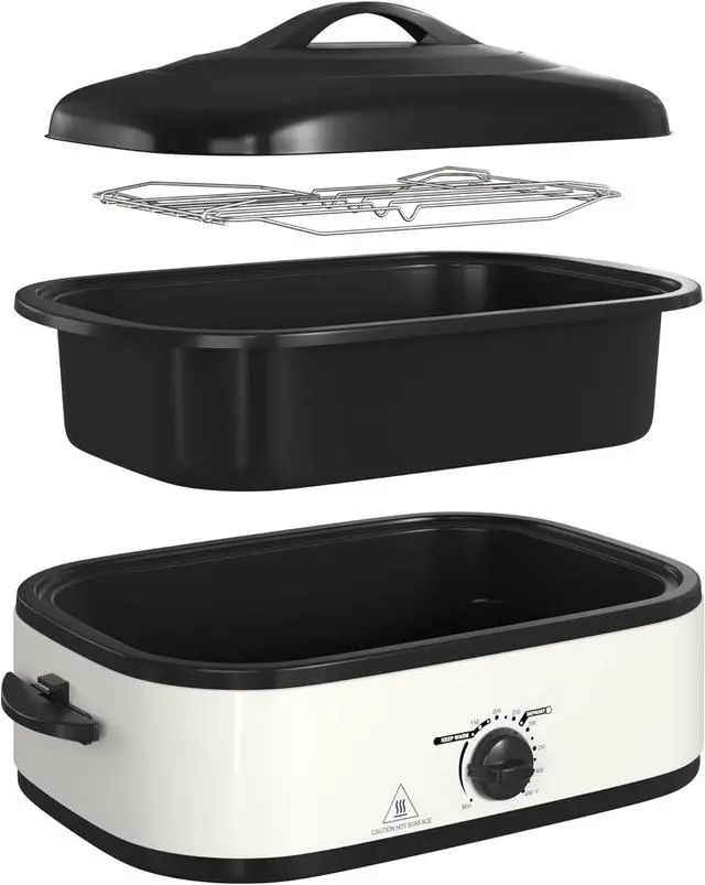 Alt view image 4 of 7 - 14 Quart Electric Roaster Oven, Turkey Roaster Electric, Roaster Oven Buffet, Selfbasting Lid, Removable Pan, Full-Range Temperature Control Cool-Touch Handles, White Body, Black Lid