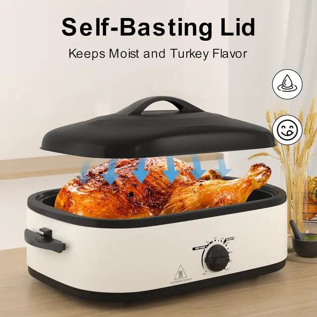 Alt view image 5 of 7 - 14 Quart Electric Roaster Oven, Turkey Roaster Electric, Roaster Oven Buffet, Selfbasting Lid, Removable Pan, Full-Range Temperature Control Cool-Touch Handles, White Body, Black Lid