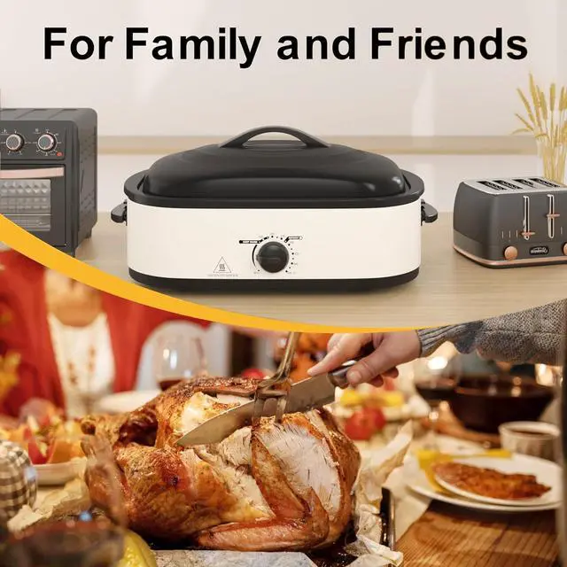 Alt view image 6 of 7 - 14 Quart Electric Roaster Oven, Turkey Roaster Electric, Roaster Oven Buffet, Selfbasting Lid, Removable Pan, Full-Range Temperature Control Cool-Touch Handles, White Body, Black Lid