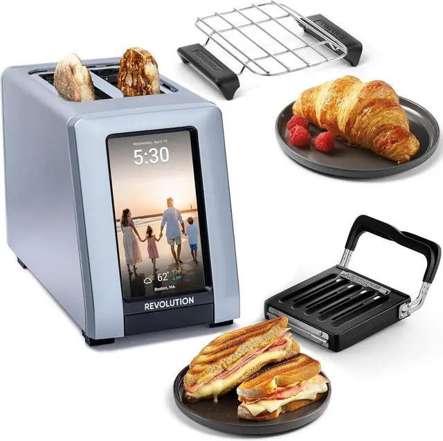 Main image of Revolution R180 Connect Plus Smart Toaster Bundle with Toastie Press & Warming Rack  Touchscreen, 2-Slice Wide Slot, InstaGLO 2.0 Tech, Digital Picture Frame Toast Bread, Bagels, Waffles, Tortillas