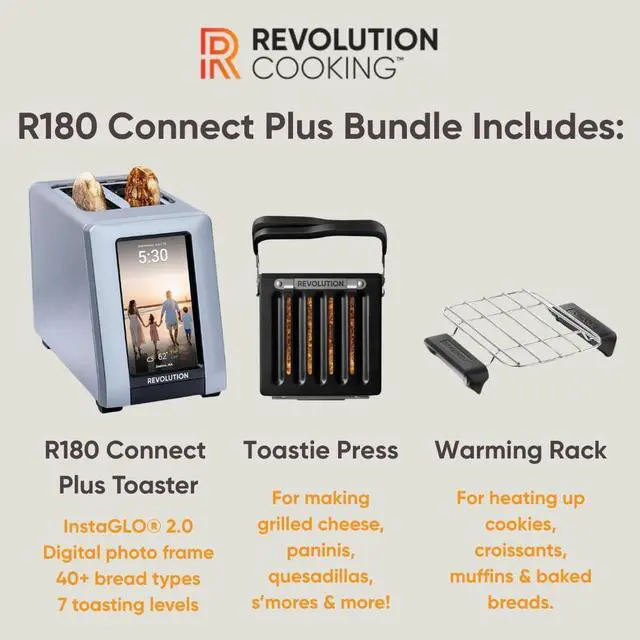 Alt view image 2 of 7 - Revolution R180 Connect Plus Smart Toaster Bundle with Toastie Press & Warming Rack  Touchscreen, 2-Slice Wide Slot, InstaGLO 2.0 Tech, Digital Picture Frame Toast Bread, Bagels, Waffles, Tortillas