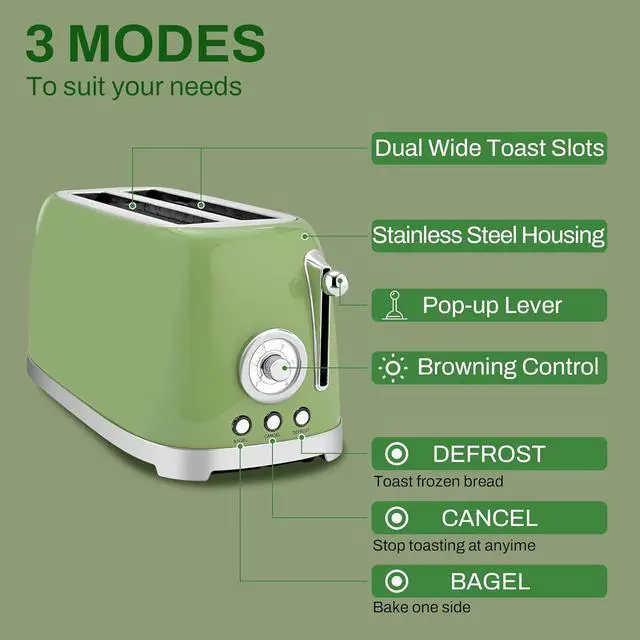 Alt view image 2 of 7 - SUSTEAS Toaster 4 Slice Wide Slot, Stainless Steel Bread Bagel Toasters, Retro Long Slot Tostadora for Defrost, Reheat, Removable Crumb Tray, 1500W, 6 Browning Settings, Retro Green