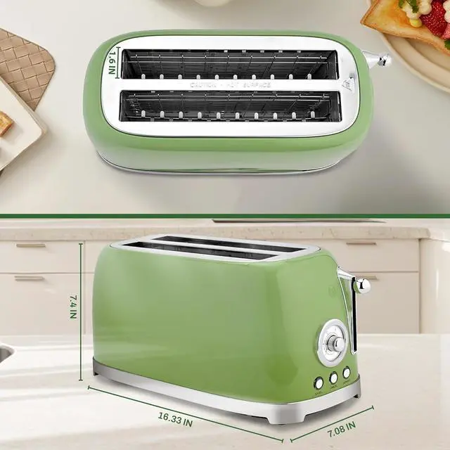 Alt view image 3 of 7 - SUSTEAS Toaster 4 Slice Wide Slot, Stainless Steel Bread Bagel Toasters, Retro Long Slot Tostadora for Defrost, Reheat, Removable Crumb Tray, 1500W, 6 Browning Settings, Retro Green