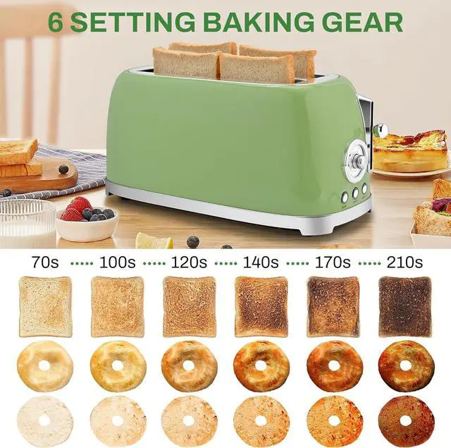 Alt view image 4 of 7 - SUSTEAS Toaster 4 Slice Wide Slot, Stainless Steel Bread Bagel Toasters, Retro Long Slot Tostadora for Defrost, Reheat, Removable Crumb Tray, 1500W, 6 Browning Settings, Retro Green