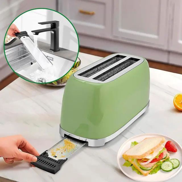 Alt view image 5 of 7 - SUSTEAS Toaster 4 Slice Wide Slot, Stainless Steel Bread Bagel Toasters, Retro Long Slot Tostadora for Defrost, Reheat, Removable Crumb Tray, 1500W, 6 Browning Settings, Retro Green