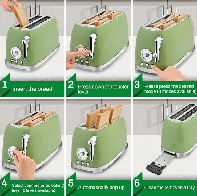 Alt view image 6 of 7 - SUSTEAS Toaster 4 Slice Wide Slot, Stainless Steel Bread Bagel Toasters, Retro Long Slot Tostadora for Defrost, Reheat, Removable Crumb Tray, 1500W, 6 Browning Settings, Retro Green