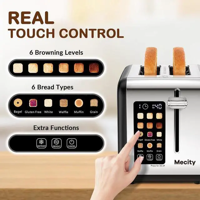 Alt view image 2 of 7 - Mecity 2 Slice Touch Screen Toaster, 1.5" Wide Slot, Stainless Steel Smart Toaster for Bagels, Muffins, Waffles, Gluten-Free Breads, Defrost, Reheat, Timer, 120V 825W, Matt Black