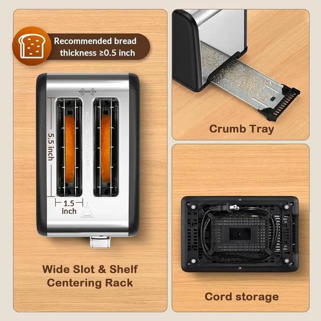 Alt view image 4 of 7 - Mecity 2 Slice Touch Screen Toaster, 1.5" Wide Slot, Stainless Steel Smart Toaster for Bagels, Muffins, Waffles, Gluten-Free Breads, Defrost, Reheat, Timer, 120V 825W, Matt Black