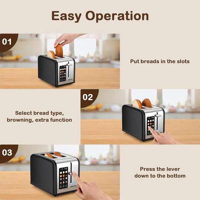 Alt view image 6 of 7 - Mecity 2 Slice Touch Screen Toaster, 1.5" Wide Slot, Stainless Steel Smart Toaster for Bagels, Muffins, Waffles, Gluten-Free Breads, Defrost, Reheat, Timer, 120V 825W, Matt Black