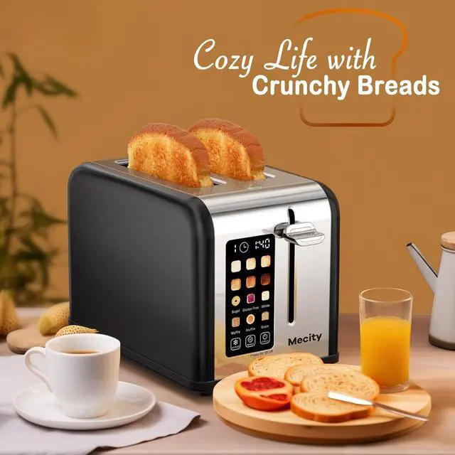 Alt view image 7 of 7 - Mecity 2 Slice Touch Screen Toaster, 1.5" Wide Slot, Stainless Steel Smart Toaster for Bagels, Muffins, Waffles, Gluten-Free Breads, Defrost, Reheat, Timer, 120V 825W, Matt Black