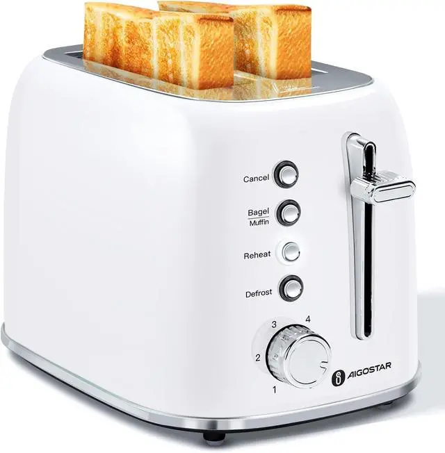 Main image of Aigostar Retro 2 Slice Toaster - Stainless Steel, Extra Wide Slots, Bagel Function, Cancel & Defrost, 6 Shade Settings, Removable Crumb Tray, Pearl White