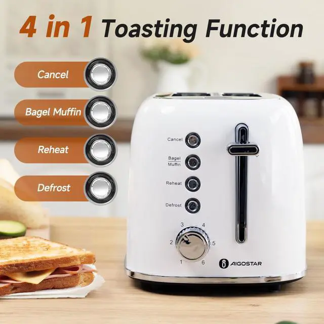 Alt view image 2 of 7 - Aigostar Retro 2 Slice Toaster - Stainless Steel, Extra Wide Slots, Bagel Function, Cancel & Defrost, 6 Shade Settings, Removable Crumb Tray, Pearl White