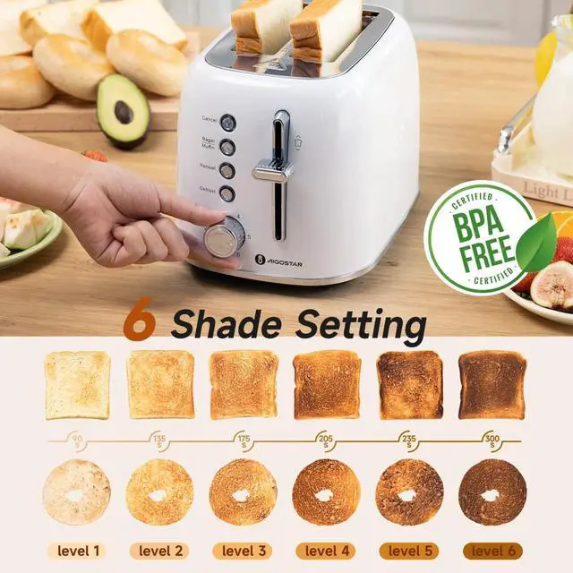 Alt view image 3 of 7 - Aigostar Retro 2 Slice Toaster - Stainless Steel, Extra Wide Slots, Bagel Function, Cancel & Defrost, 6 Shade Settings, Removable Crumb Tray, Pearl White
