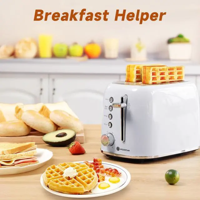 Alt view image 5 of 7 - Aigostar Retro 2 Slice Toaster - Stainless Steel, Extra Wide Slots, Bagel Function, Cancel & Defrost, 6 Shade Settings, Removable Crumb Tray, Pearl White