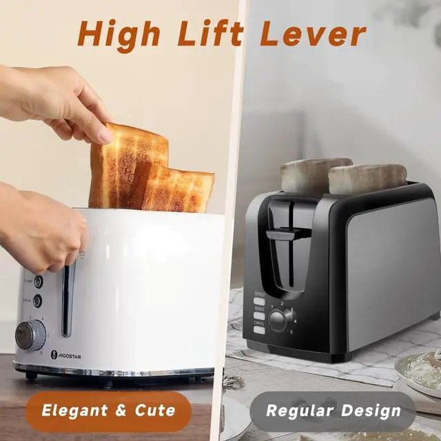 Alt view image 6 of 7 - Aigostar Retro 2 Slice Toaster - Stainless Steel, Extra Wide Slots, Bagel Function, Cancel & Defrost, 6 Shade Settings, Removable Crumb Tray, Pearl White