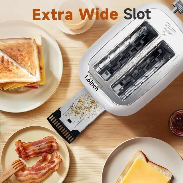 Alt view image 4 of 7 - Aigostar Retro 2 Slice Toaster - Stainless Steel, Extra Wide Slots, Bagel Function, Cancel & Defrost, 6 Shade Settings, Removable Crumb Tray, Pearl White