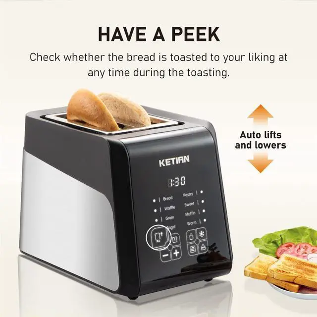 Alt view image 2 of 7 - Touchscreen Toaster 2 Slice, KETIAN Bagel English Muffins Toast Pastry Waffles Grain Sweet Bread Toaster, Extra Wide Slots Single Slot Toasting Automatic Lifting, 1400w (Black)