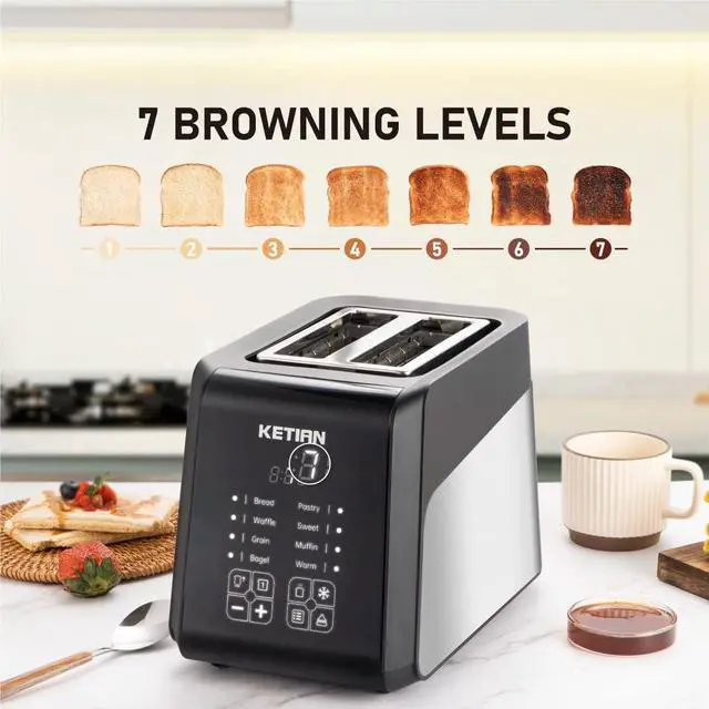 Alt view image 3 of 7 - Touchscreen Toaster 2 Slice, KETIAN Bagel English Muffins Toast Pastry Waffles Grain Sweet Bread Toaster, Extra Wide Slots Single Slot Toasting Automatic Lifting, 1400w (Black)