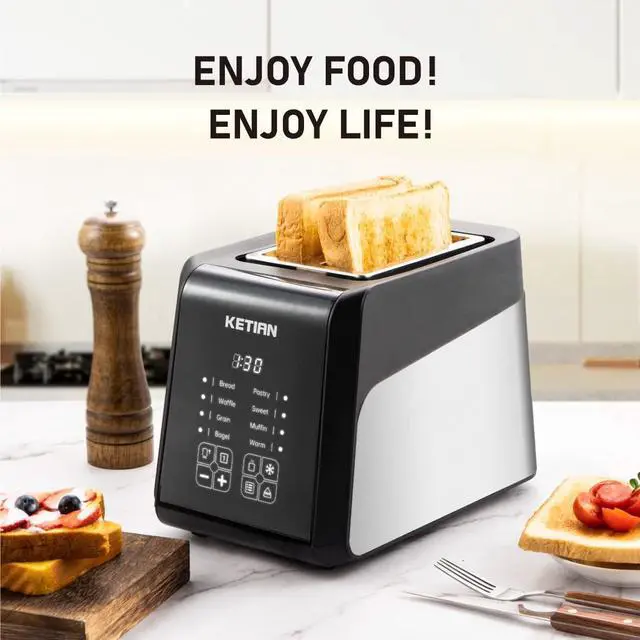 Alt view image 7 of 7 - Touchscreen Toaster 2 Slice, KETIAN Bagel English Muffins Toast Pastry Waffles Grain Sweet Bread Toaster, Extra Wide Slots Single Slot Toasting Automatic Lifting, 1400w (Black)