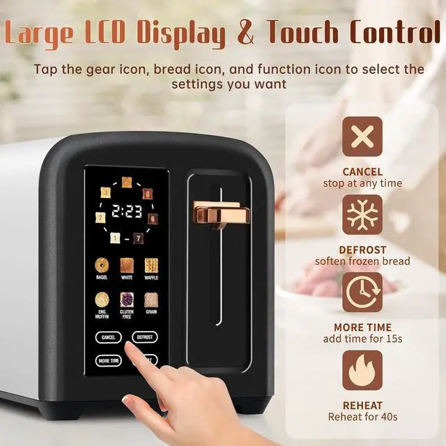 Alt view image 2 of 7 - SEEDEEM Toaster 2 Slice with Touch Screen, Faster Heating Speed, 7 Shade Setting, 6 Bread Type, 1.5Wide Slots Toaster, Removable Crumb Tray, 1350W, Dark Chocolate