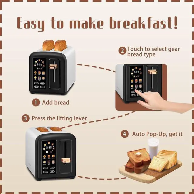 Alt view image 6 of 7 - SEEDEEM Toaster 2 Slice with Touch Screen, Faster Heating Speed, 7 Shade Setting, 6 Bread Type, 1.5Wide Slots Toaster, Removable Crumb Tray, 1350W, Dark Chocolate