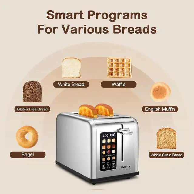 Alt view image 3 of 7 - Mecity 2 Slice Toaster Touch Screen 1.5" Wide Slot, Stainless Steel Smart Bread Toaster for Bagel Muffin Waffle Gluten Free Breads, Timer, Defrost, Reheat, 120V 825W