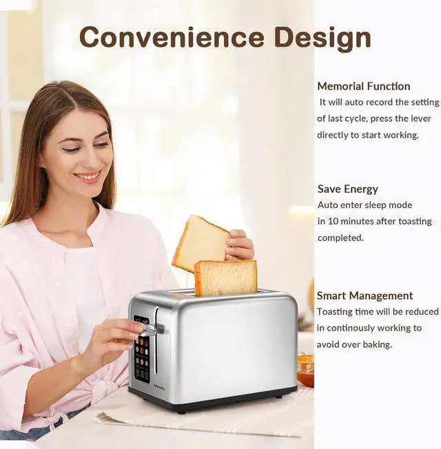 Alt view image 5 of 7 - Mecity 2 Slice Toaster Touch Screen 1.5" Wide Slot, Stainless Steel Smart Bread Toaster for Bagel Muffin Waffle Gluten Free Breads, Timer, Defrost, Reheat, 120V 825W