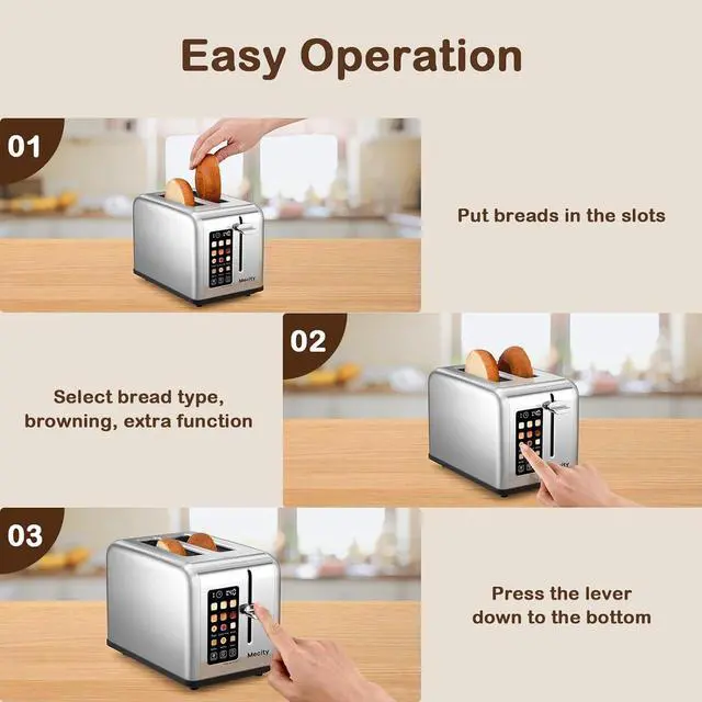 Alt view image 6 of 7 - Mecity 2 Slice Toaster Touch Screen 1.5" Wide Slot, Stainless Steel Smart Bread Toaster for Bagel Muffin Waffle Gluten Free Breads, Timer, Defrost, Reheat, 120V 825W