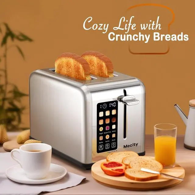 Alt view image 7 of 7 - Mecity 2 Slice Toaster Touch Screen 1.5" Wide Slot, Stainless Steel Smart Bread Toaster for Bagel Muffin Waffle Gluten Free Breads, Timer, Defrost, Reheat, 120V 825W